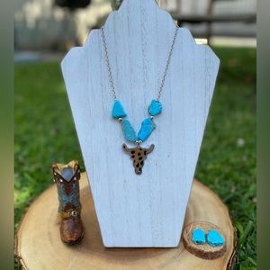 Western cow head and turquoise stones necklace with earrings set